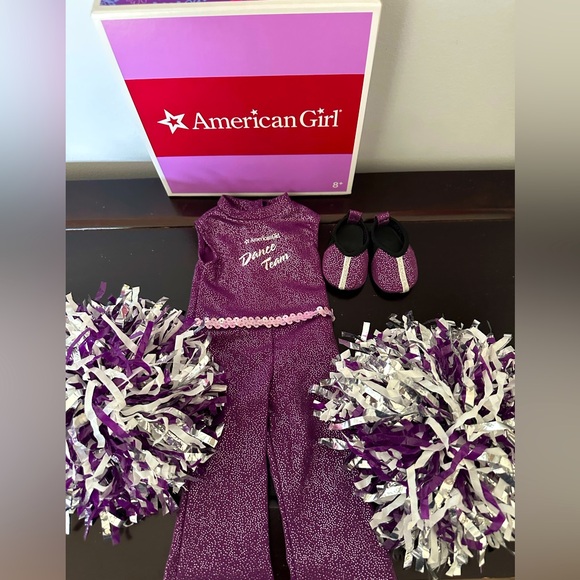 ~American Girl Dance Team Spirit Box~ Purple Jumpsuit Unitard Pom-Poms Excellent - Picture 1 of 10